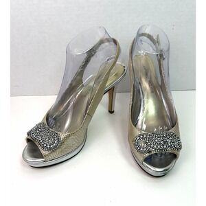Antonio Melani Heels 7.5M Gold Slingback Peep Toe Rhinestone Platform Leather